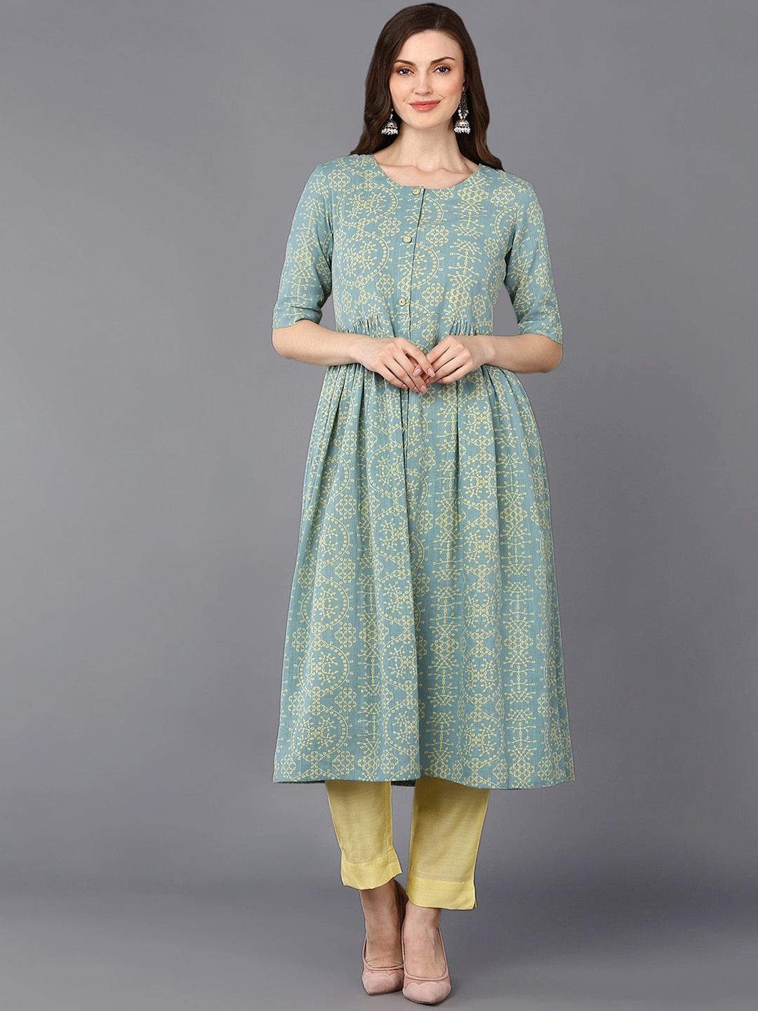 

AHIKA Sea Green Ethnic Motifs Printed Cotton A-Line Kurta