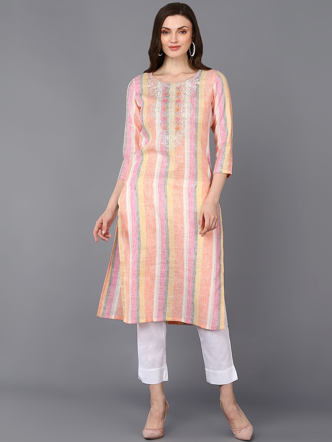

AHIKA Coral & Pink Striped Thread Work Kurta