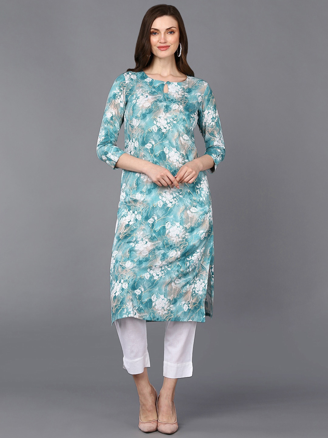 

AHIKA Turquoise Blue Floral Printed Keyhole Neck Straight Kurta