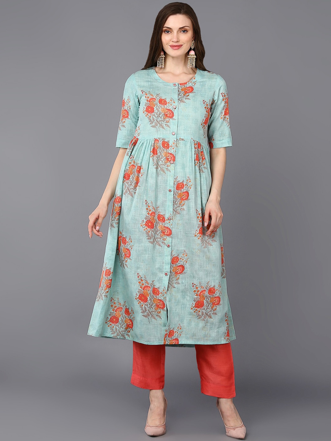 

AHIKA Turquoise Blue Floral Printed Anarkali Kurta