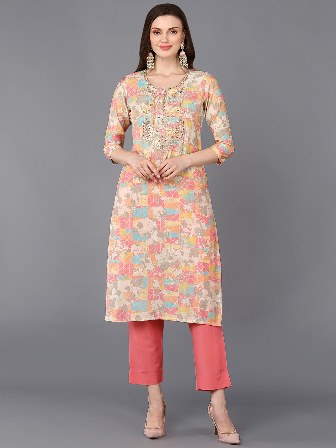 

AHIKA Peach Coloured Abstract Printed Thread Work Straight Kurta