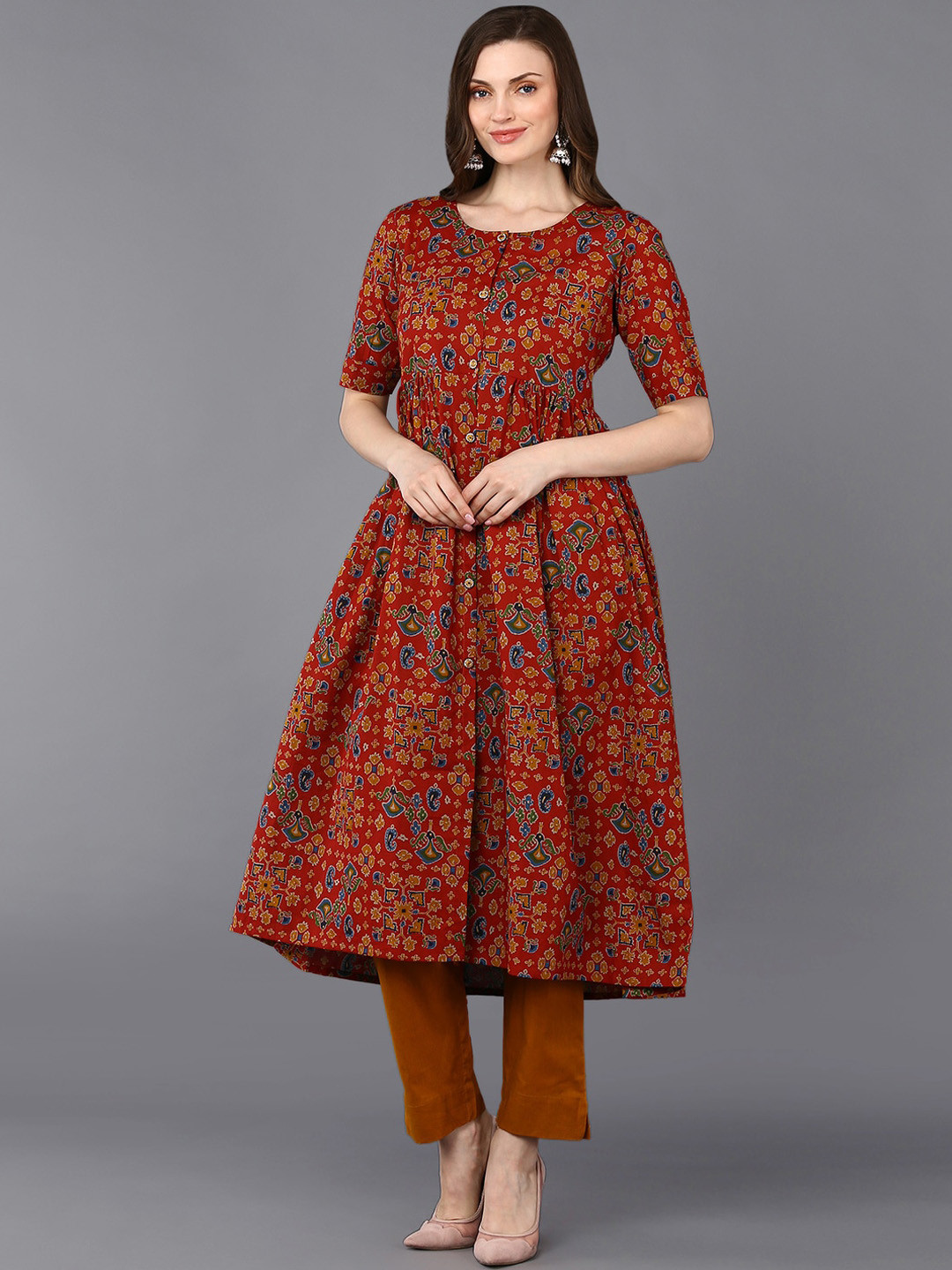 

AHIKA Red Ethnic Motifs Printed Cotton A-Line Kurta