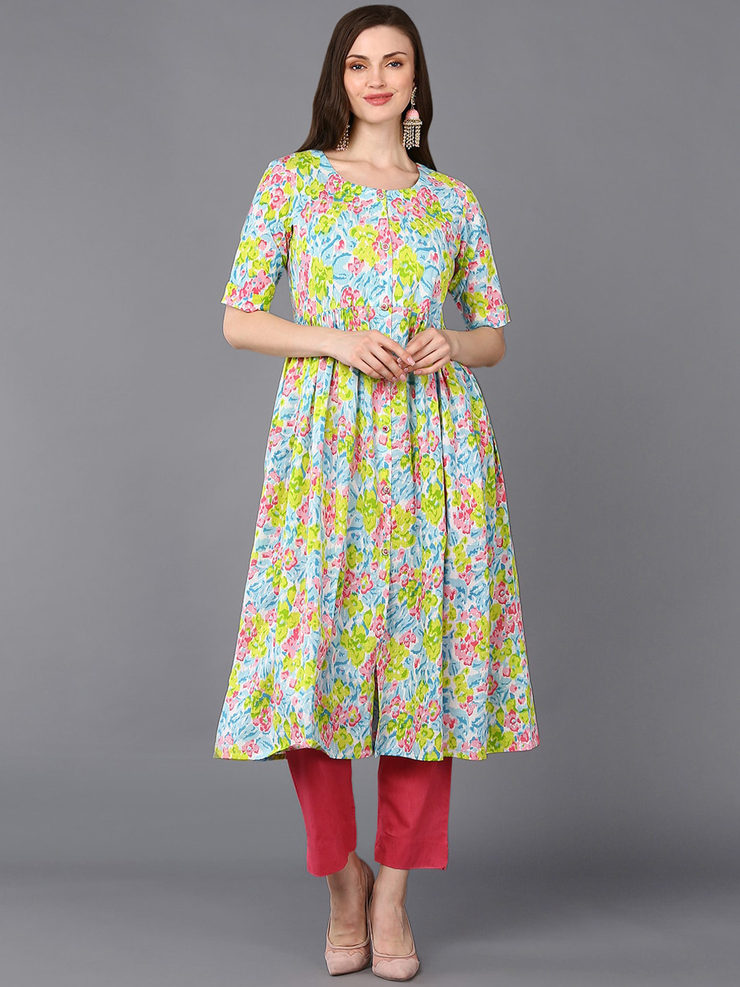 

AHIKA Blue & Yellow Floral Printed A-Line Kurta