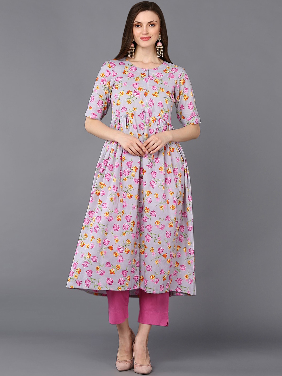 

AHIKA Grey Floral Printed Kurta