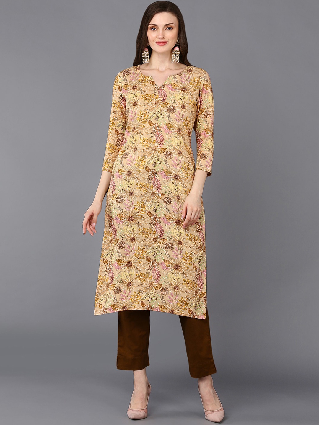AHIKA Beige Floral Printed Kurta