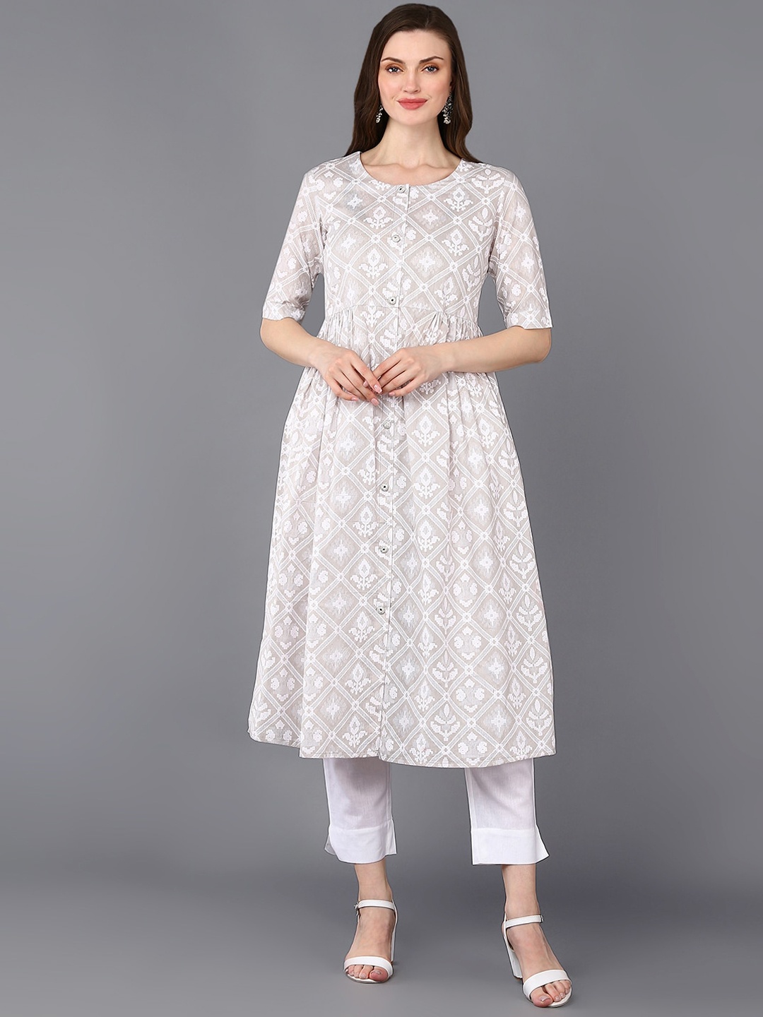 

AHIKA Grey Ethnic Motif Printed Anarkali Kurta