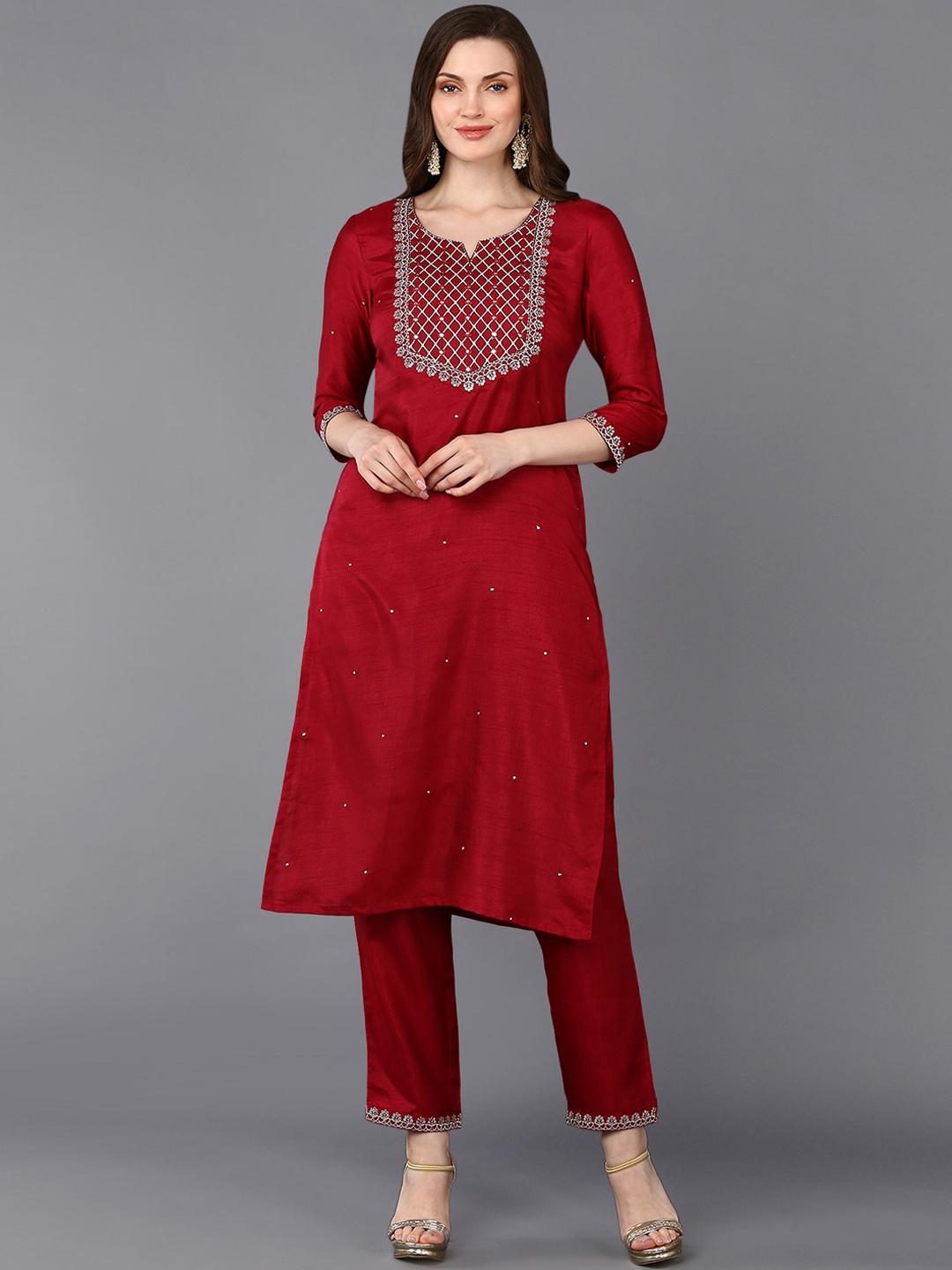 

AHIKA Red Ethnic Motifs Embroidered Round Neck Mirror Work Kurta