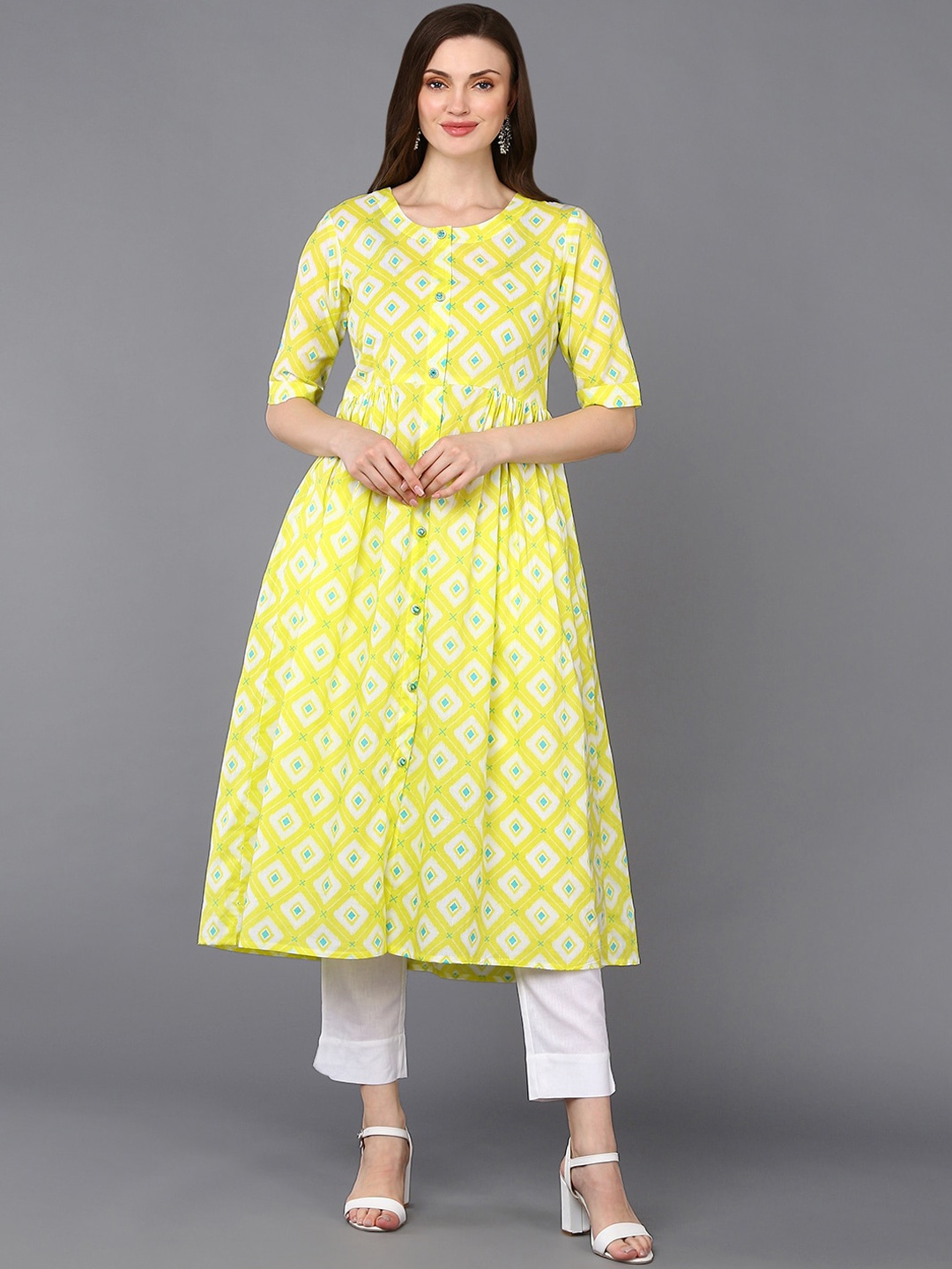 

AHIKA Yellow Geometric Printed Anarkali Kurta