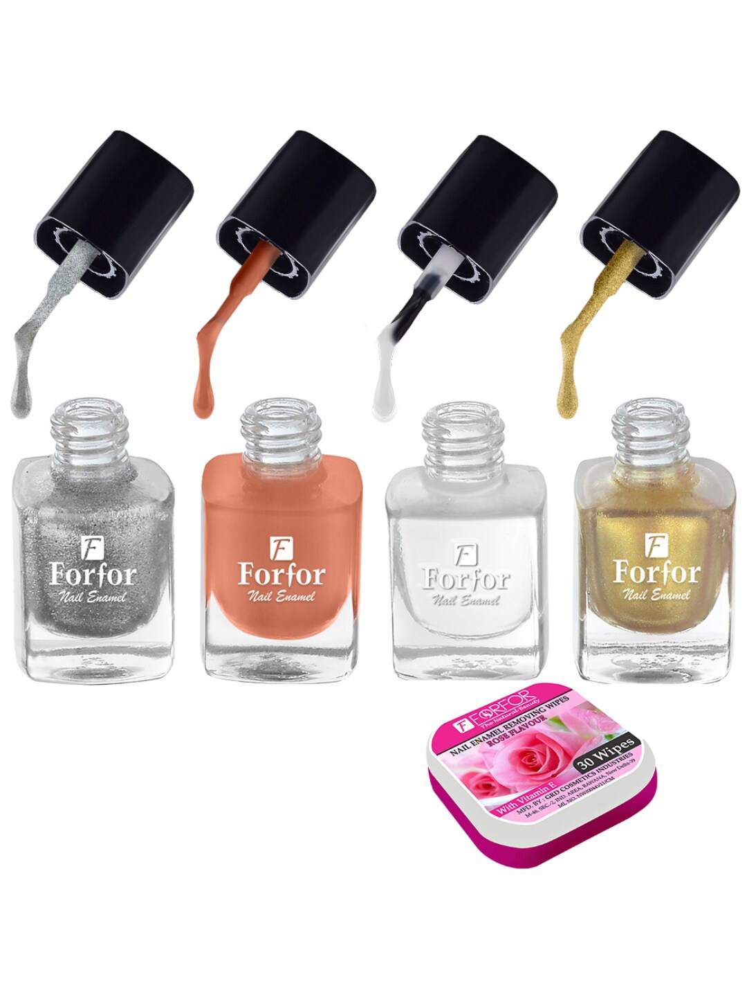 

FORFOR Set of 4 Perfect Stay Fast Dry Glossy Nail Enamel - 5ml each & 30 Removal Wipes, Multi