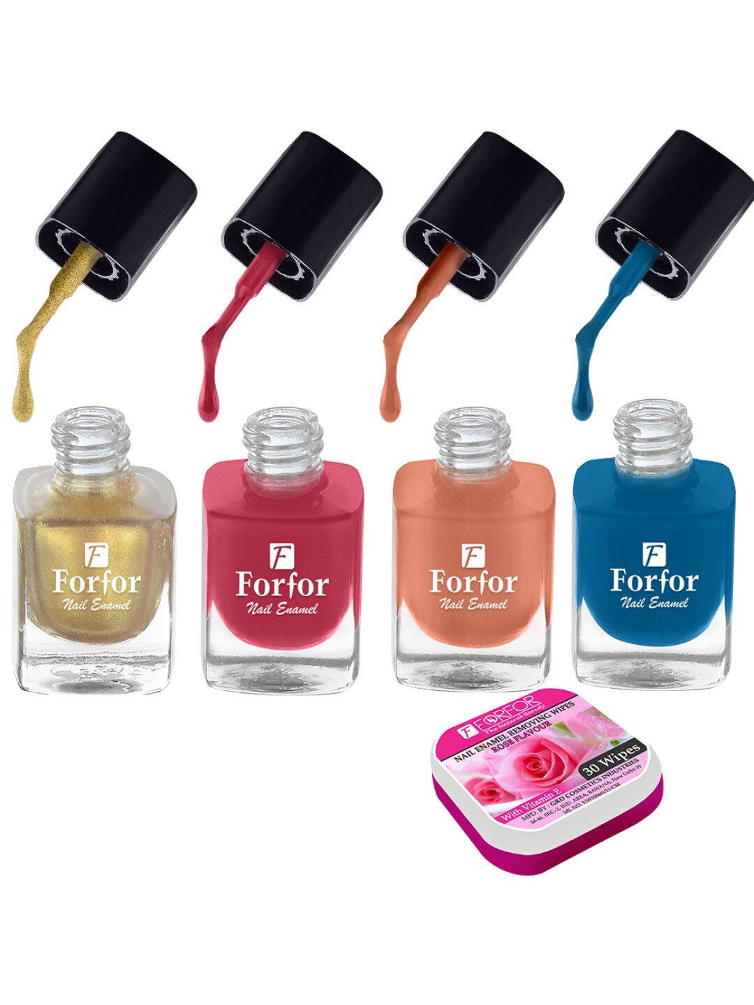 

FORFOR Set of 4 Perfect Stay Fast Dry Glossy Nail Enamel - 5ml each & 30 Removal Wipes, Multi