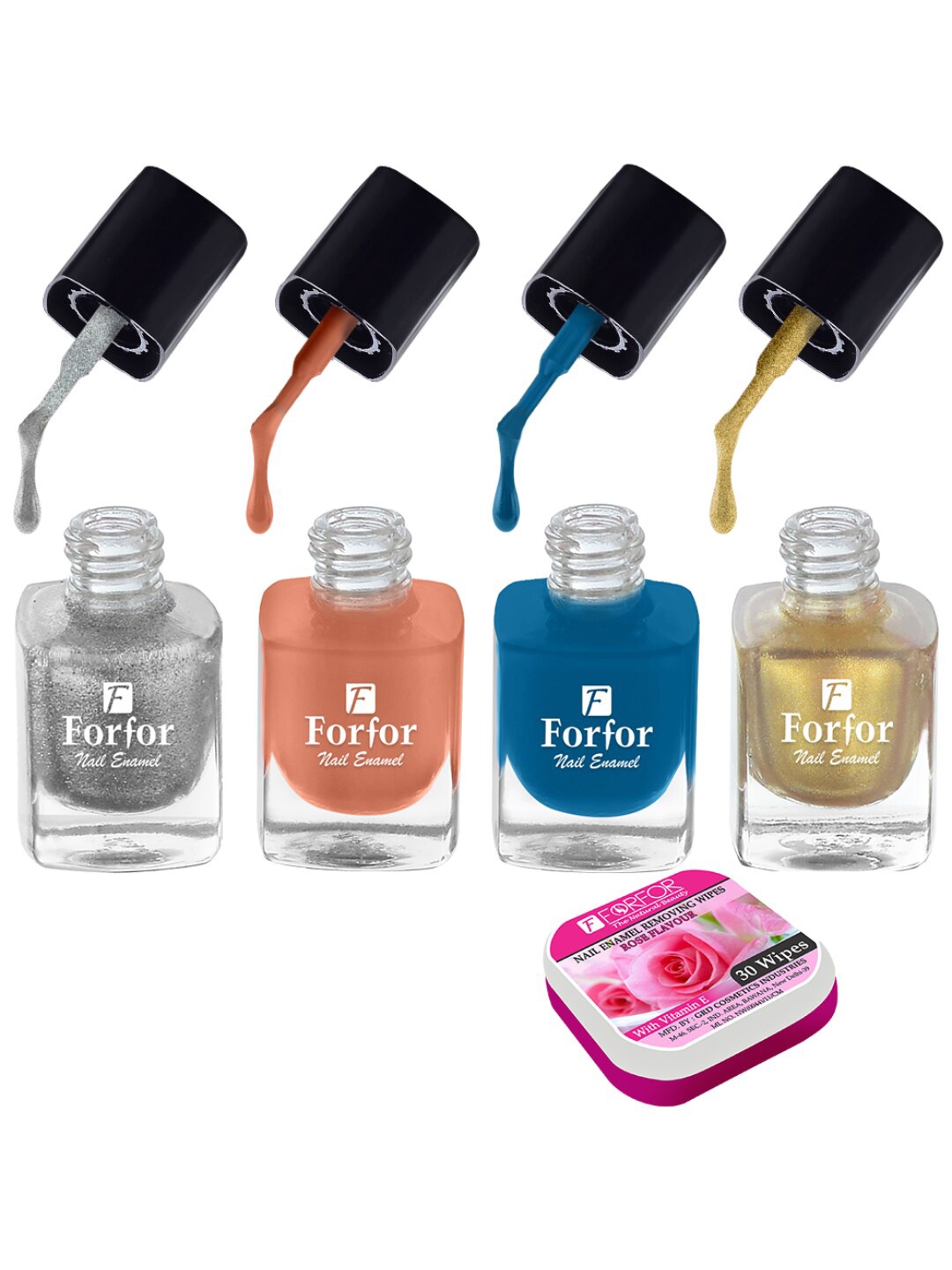 

FORFOR Set of 4 Perfect Stay Fast Dry Glossy Nail Enamel - 5ml each & 30 Removal Wipes, Multi