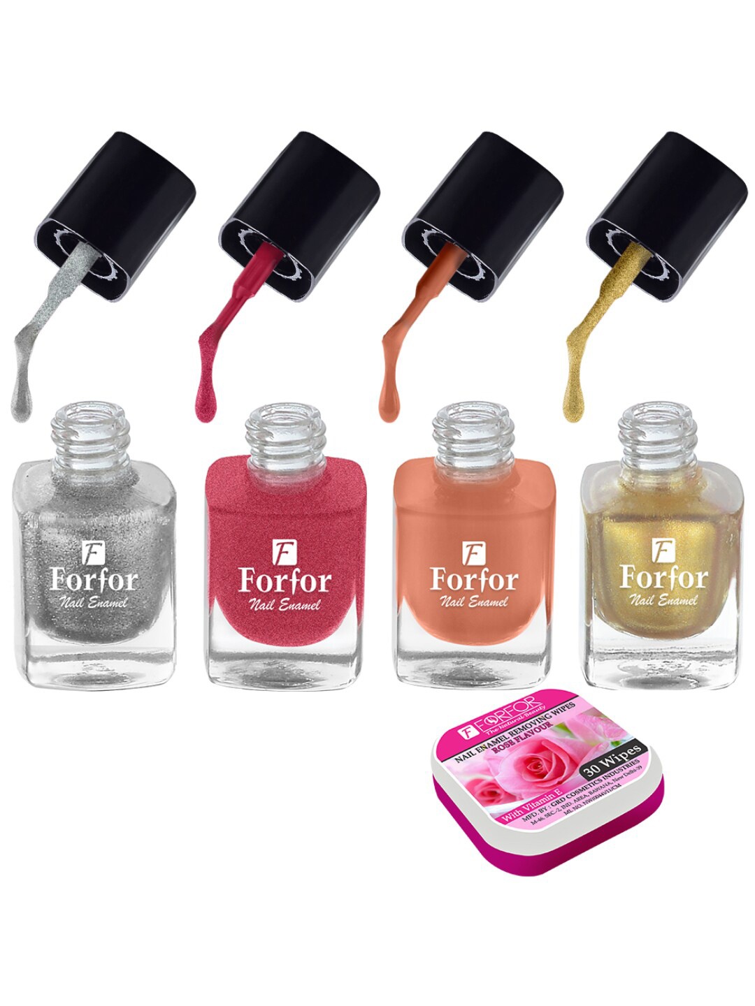 

FORFOR Set of 4 Perfect Stay Fast Dry Glossy Nail Enamel - 5ml each & 30 Removal Wipes, Multi