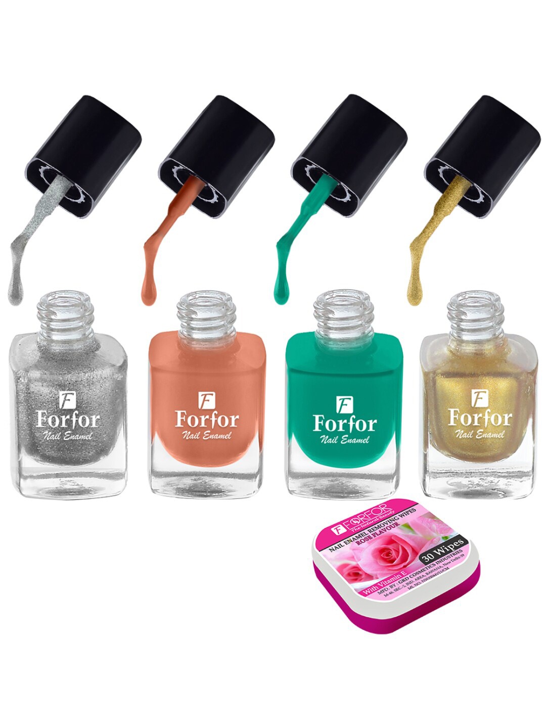 

FORFOR Set of 4 Perfect Stay Fast Dry Glossy Nail Enamel - 5ml each & 30 Removal Wipes, Multi