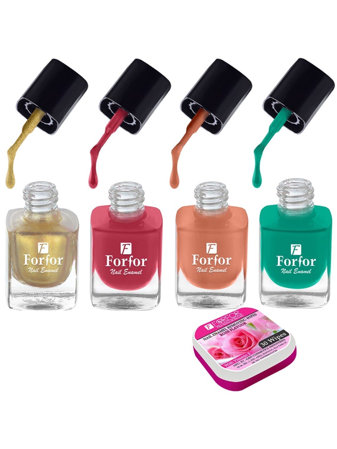 

FORFOR Set of 4 Perfect Stay Fast Dry Glossy Nail Enamel - 5ml each & 30 Removal Wipes, Multi