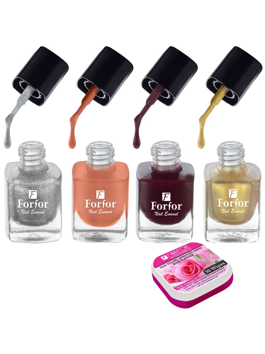 

FORFOR Set of 4 Perfect Stay Fast Dry Glossy Nail Enamel - 5ml each & 30 Removal Wipes, Multi