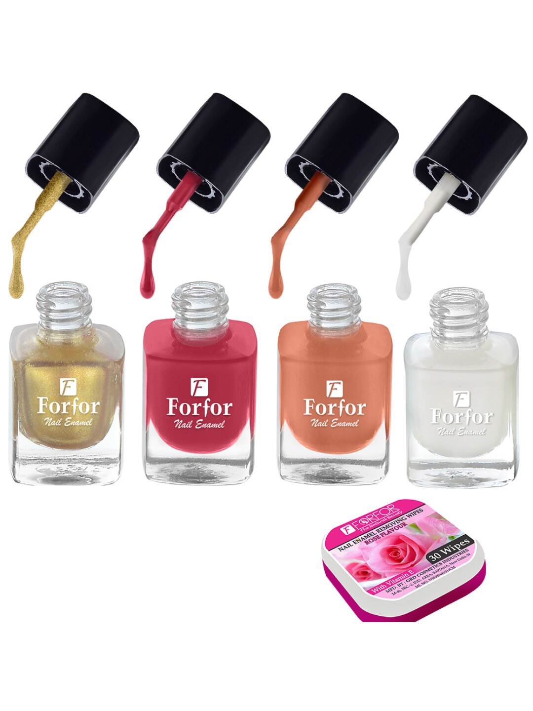 

FORFOR Set of 4 Perfect Stay Fast Dry Glossy Nail Enamel - 5ml each & 30 Removal Wipes, Multi