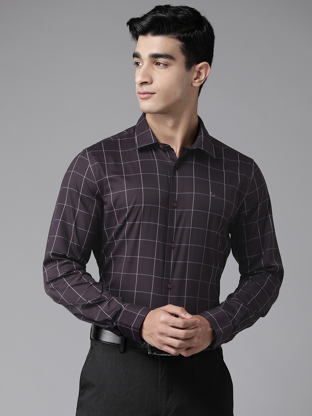 

Blackberrys TechPro Men Plum Check Formal Shirts, Charcoal