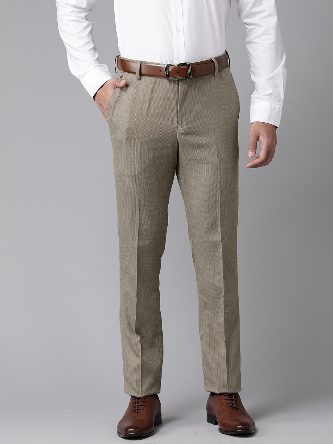 

Blackberrys Men Textured Slim Fit Low-Rise Trousers, Taupe