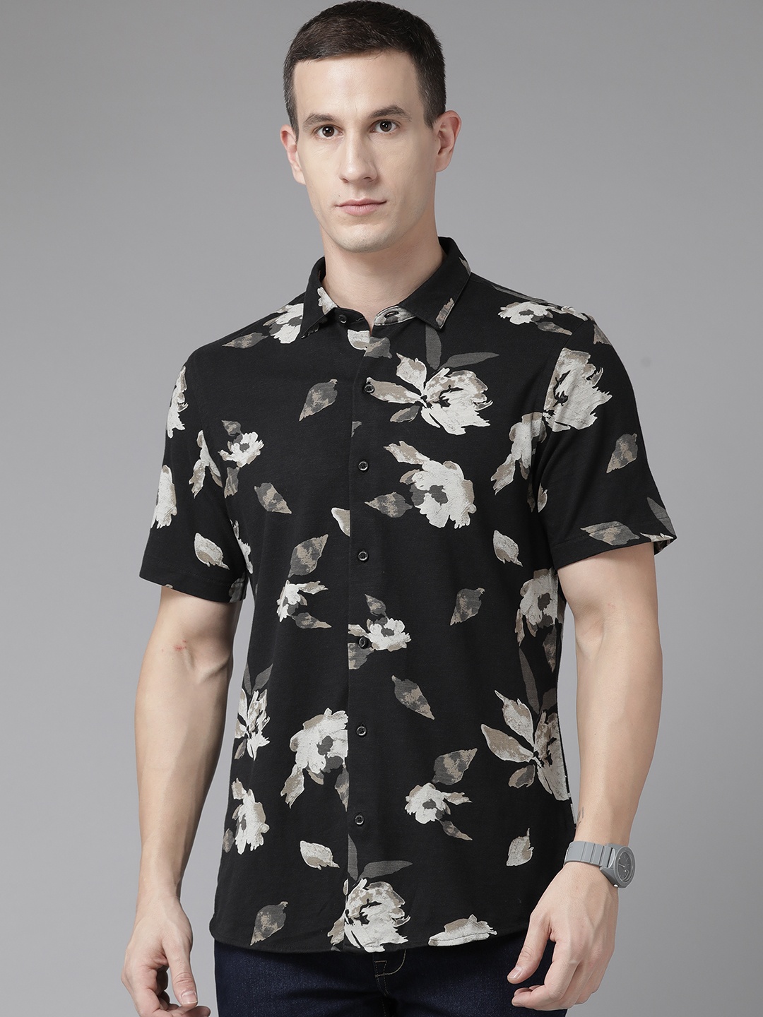 

Blackberrys Pure Cotton Skinny Fit Floral Printed Casual Shirt, Black