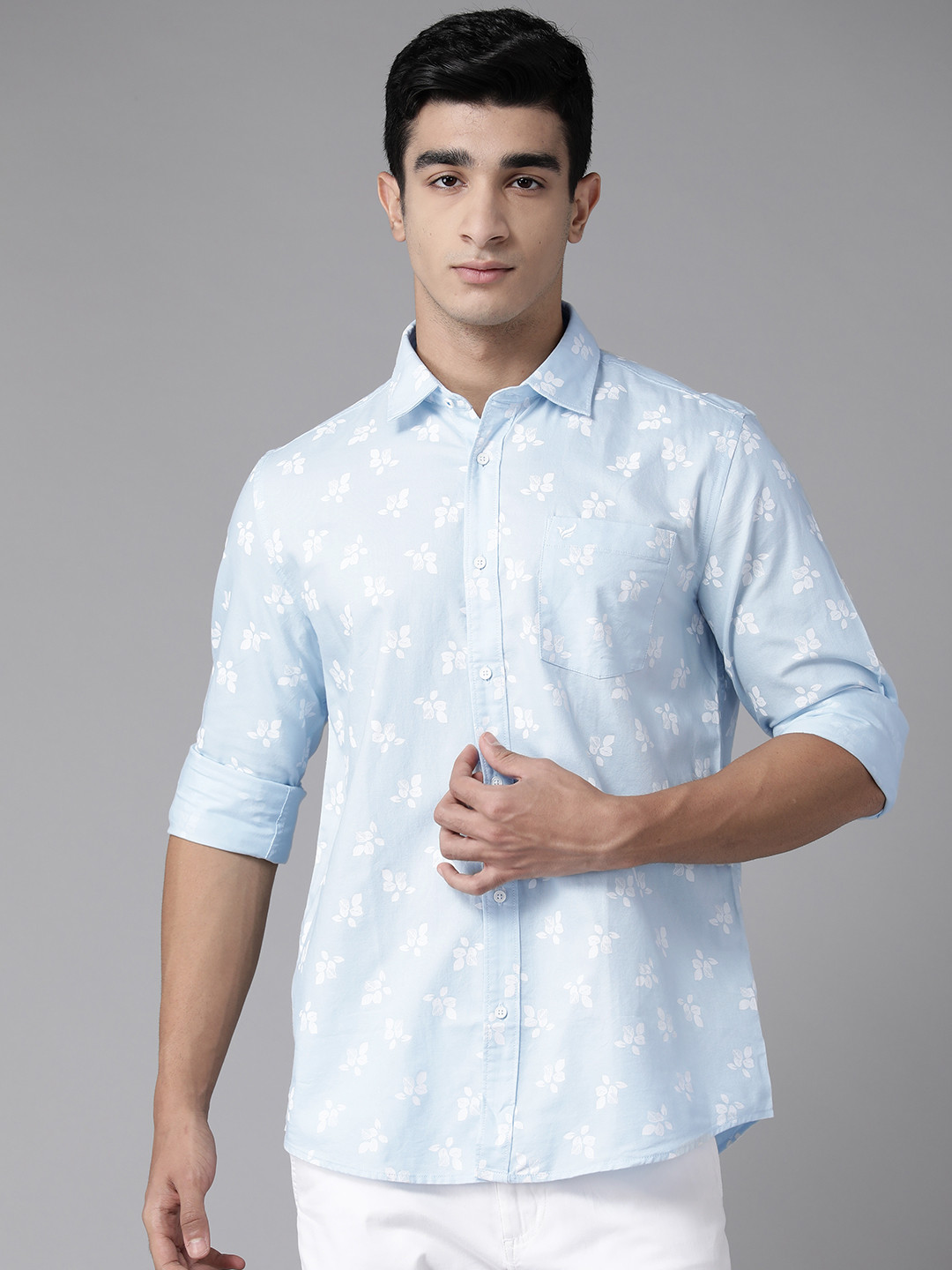 

Blackberrys Floral Print Slim Fit Opaque Pure Cotton Casual Shirt, Blue
