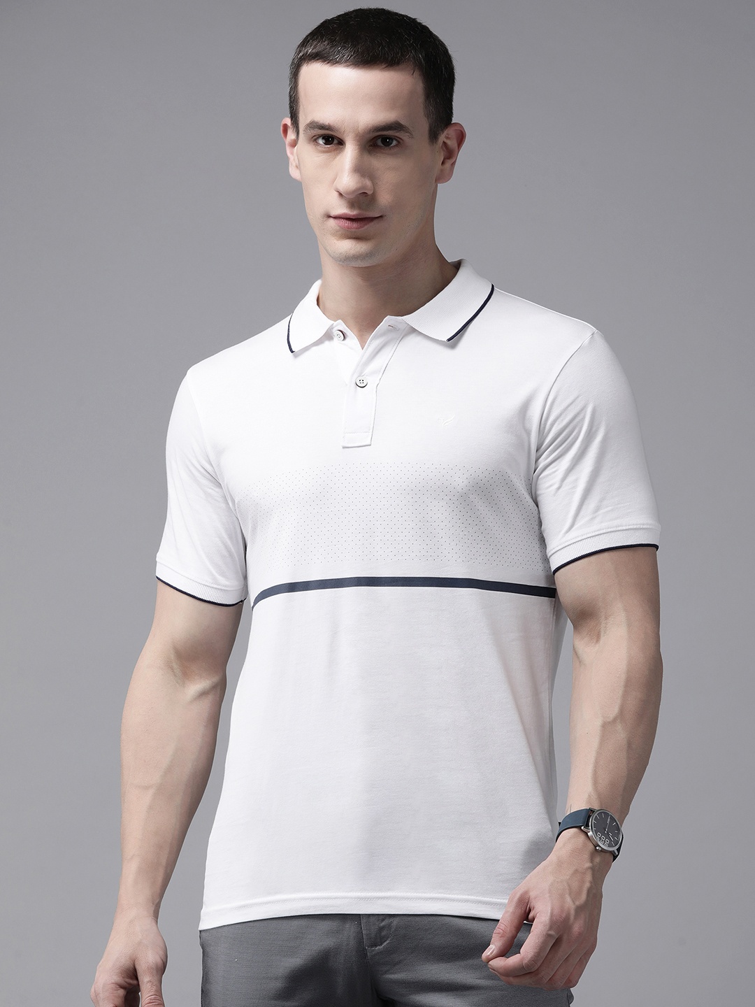 

Blackberrys Men Striped Polo Collar Pure Cotton Slim Fit T-shirt, White