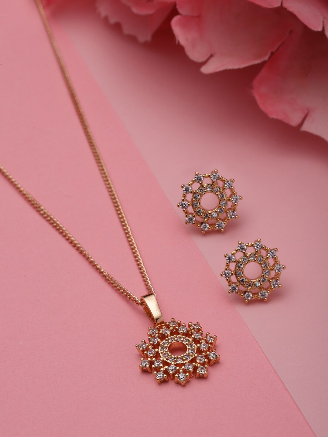 

PANASH Gold-Plated CZ-Studded Circular Shaped Pendant With Earring