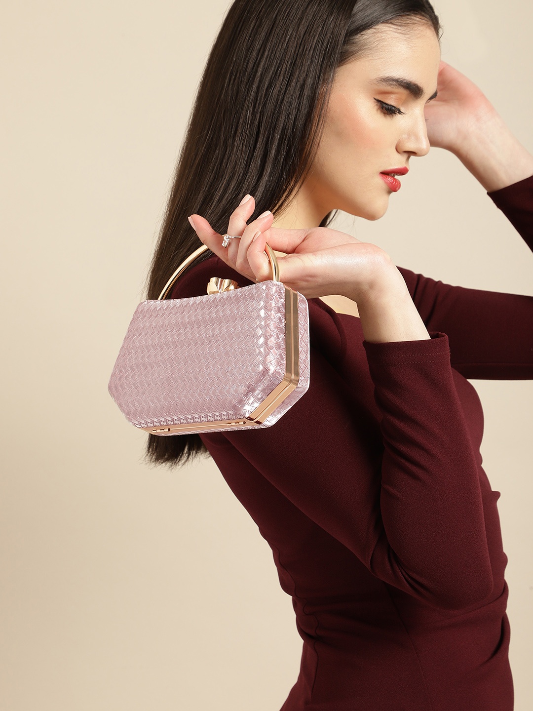 

DressBerry Textured Box Clutch, Pink
