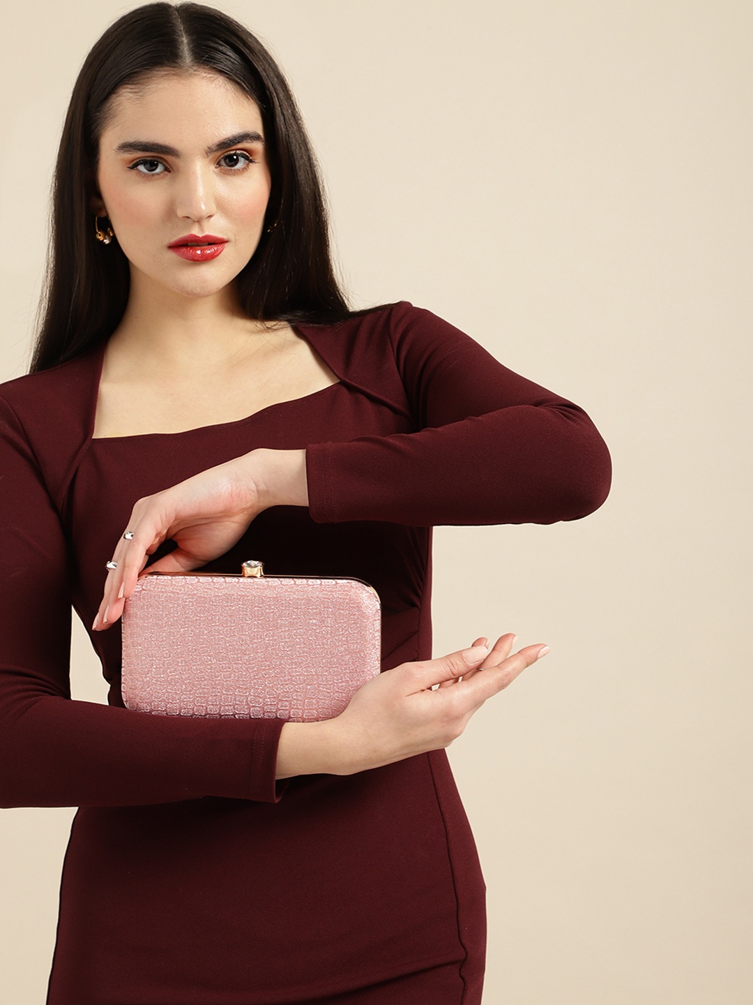 

DressBerry Textured Box Clutch, Pink