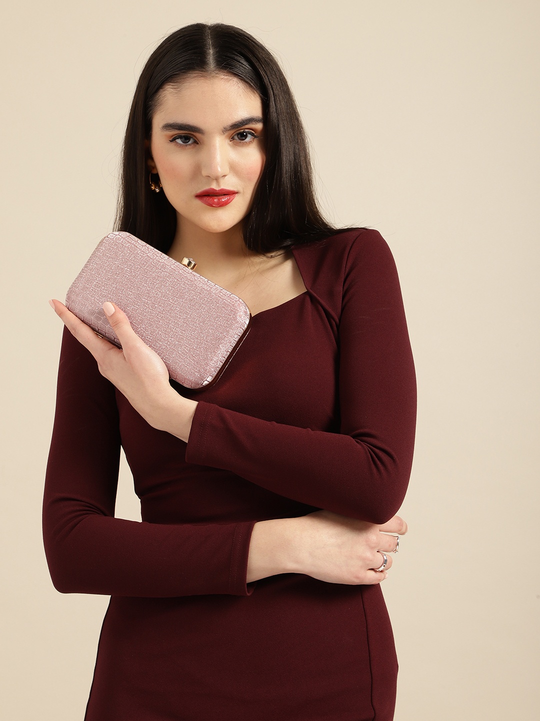 

DressBerry Textured Box Clutch, Rose gold