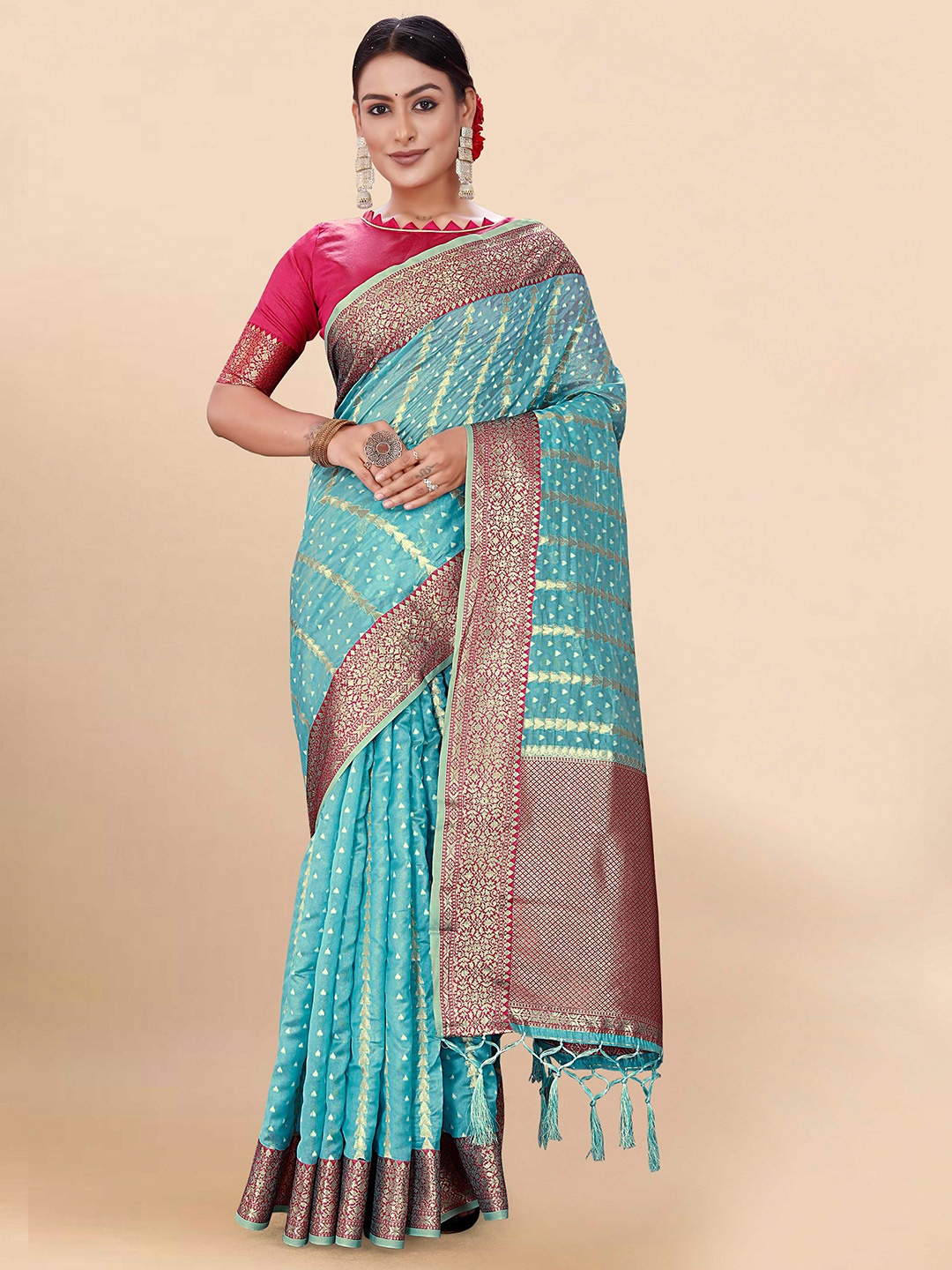 

Mitera Blue Woven Design Zari Organza Bandhani Saree