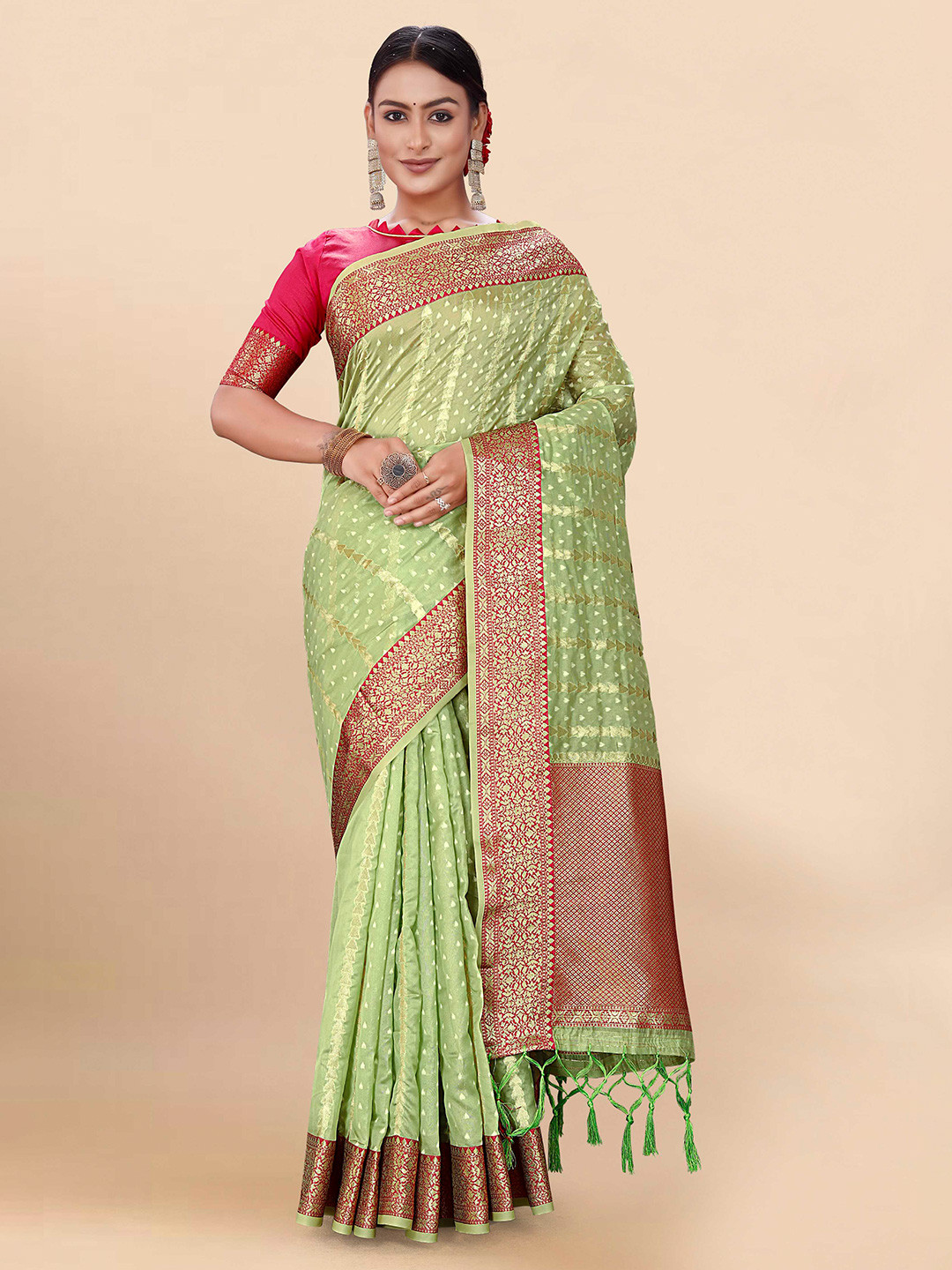 

Mitera Green & Red Woven Design Zari Organza Bandhani Saree