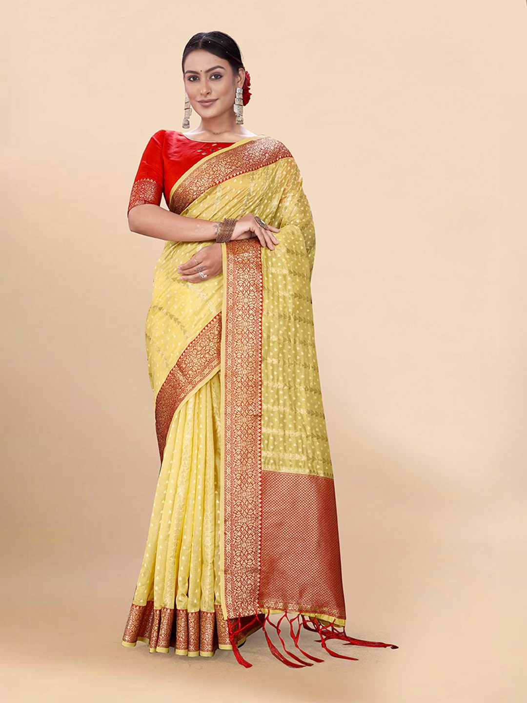 

Mitera Yellow & Red Ethnic Motifs Woven Design Zari Organza Bandhani Saree