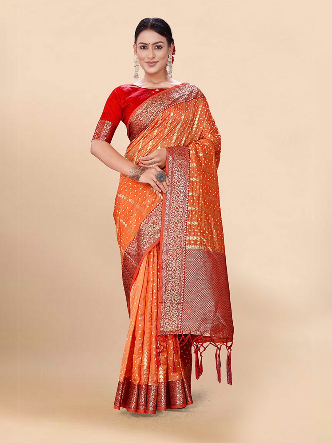 

Mitera Orange & Red Geometric Woven Design Zari Organza Saree