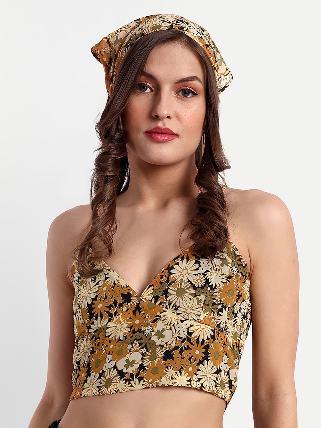 

ESSQUE Floral Printed Georgette Bralette Crop Top, Brown