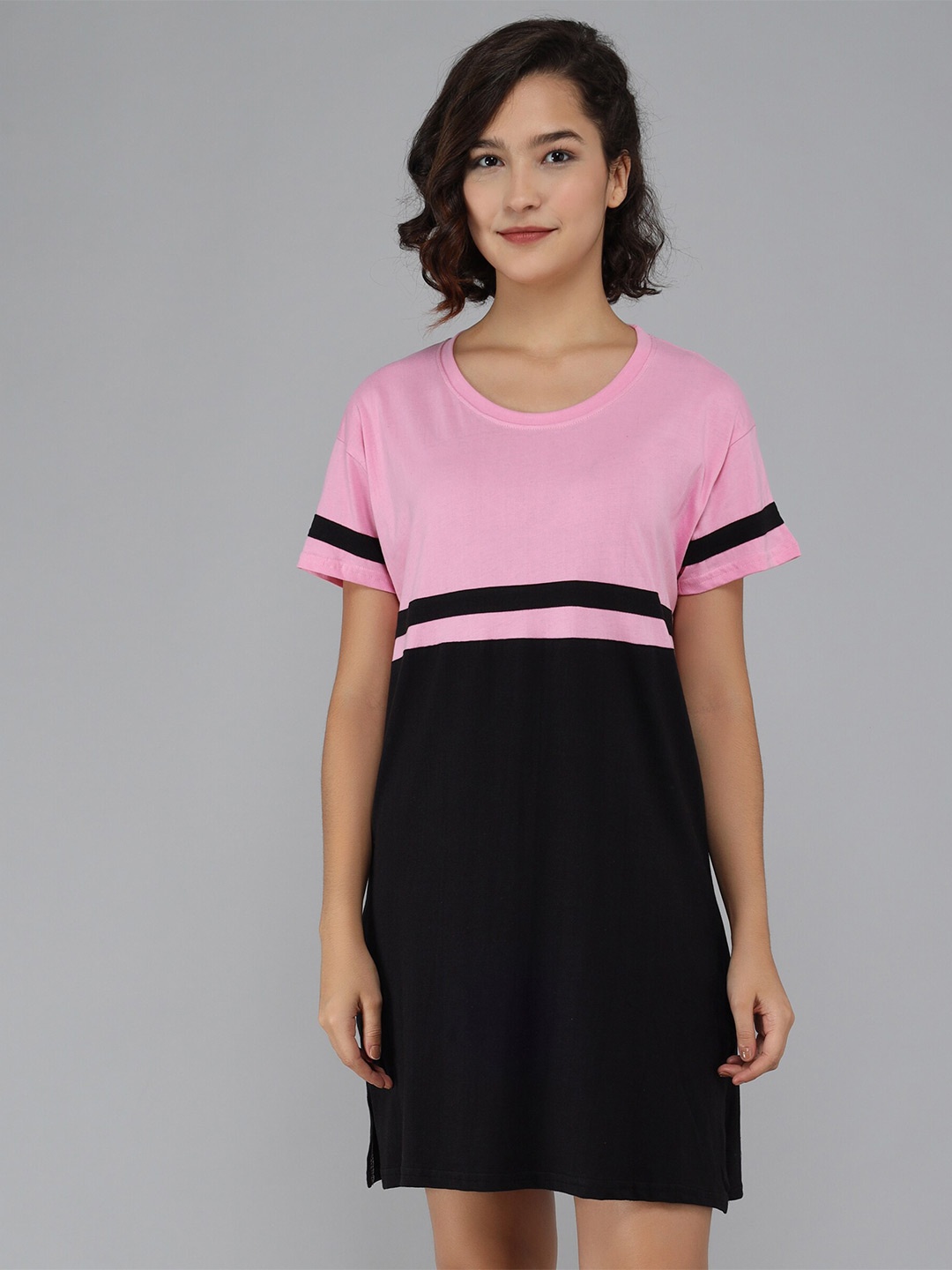 

Christy World Colourblocked Cotton Knitted T-Shirt Nightdress, Pink