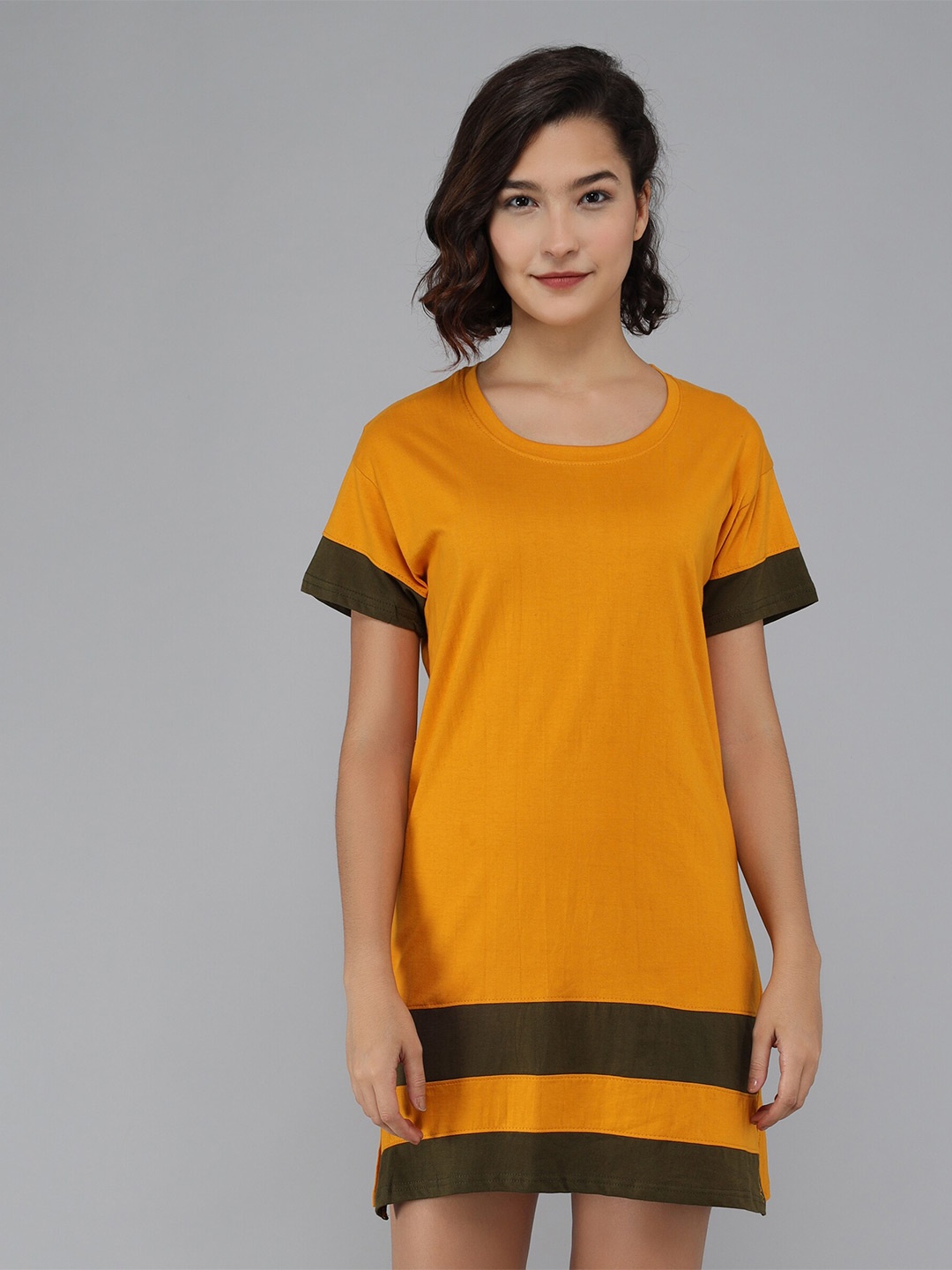 

Christy World Striped Cotton T-shirt Nightdres, Mustard