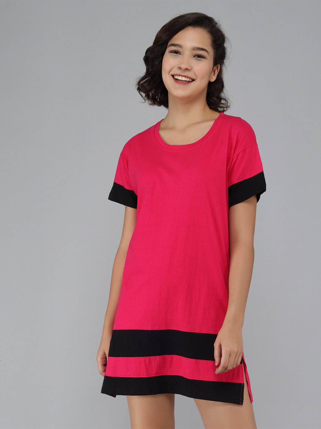 

Christy World Striped Cotton T-shirt Nightdres, Pink