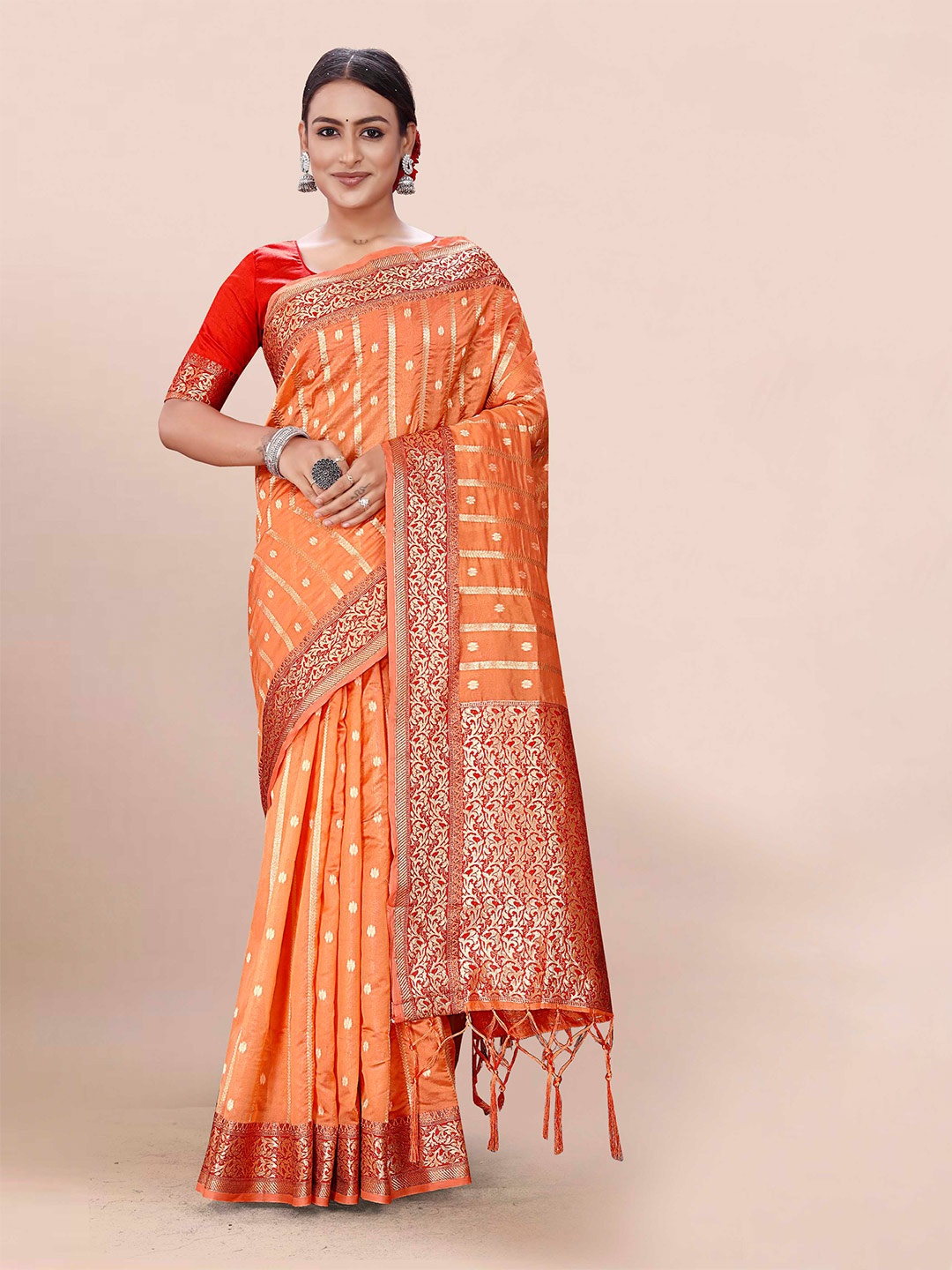 

Mitera Orange & Red Woven Design Zari Organza Bandhani Saree