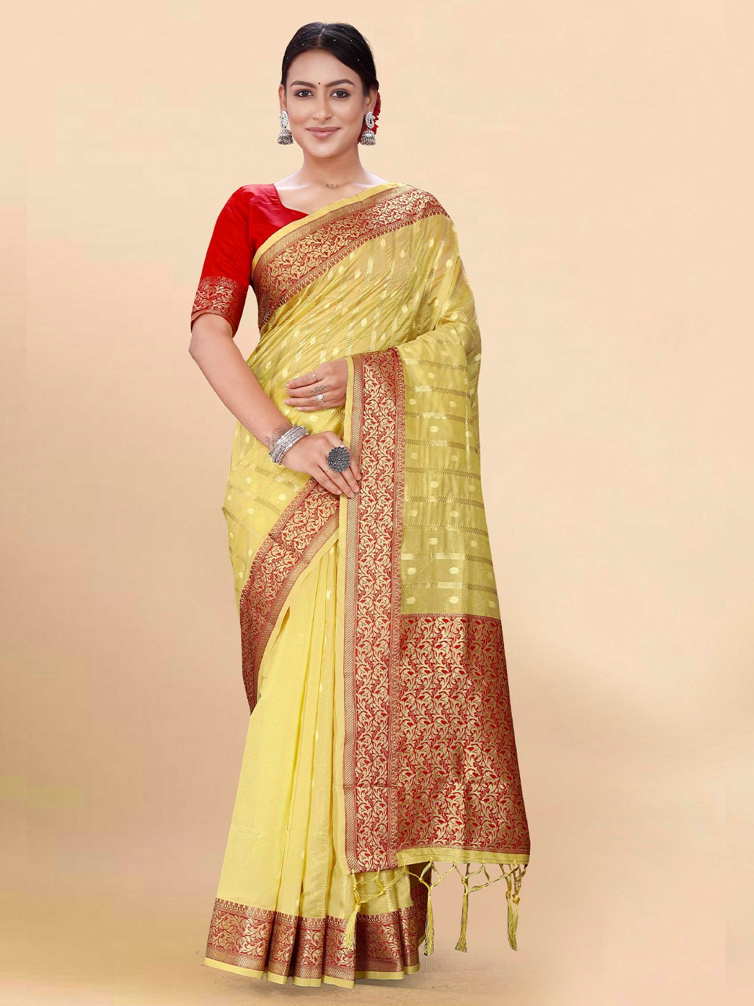

Mitera Yellow & Red Woven Design Zari Organza Bandhani Saree