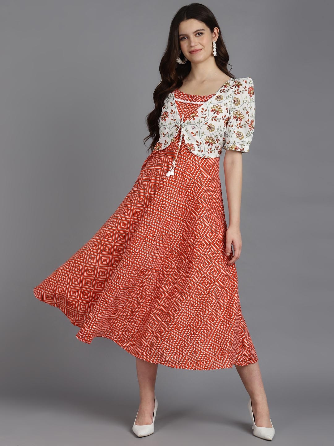 

ZARI Ethnic Motifs Printed Cotton A-Line Midi Dress With Shrug, Red