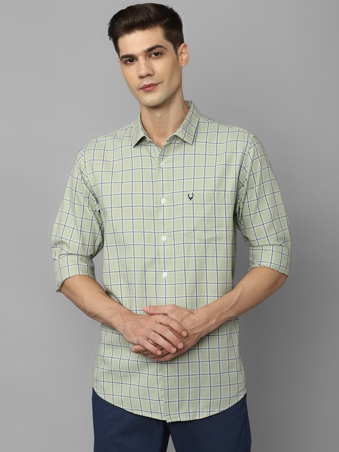 

Allen Solly Slim Fit Opaque Checked Pure Cotton Casual Shirt, Green