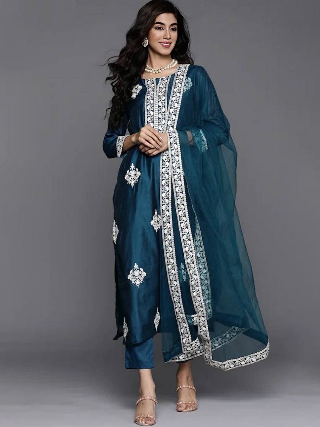

Fashion Basket Ethnic Motifs Embroidered Straight Kurta & Trousers With Dupatta, Blue