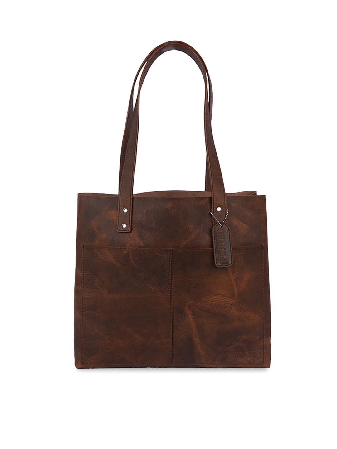 

PERKED Textured Leather Bucket Tote Bag, Brown