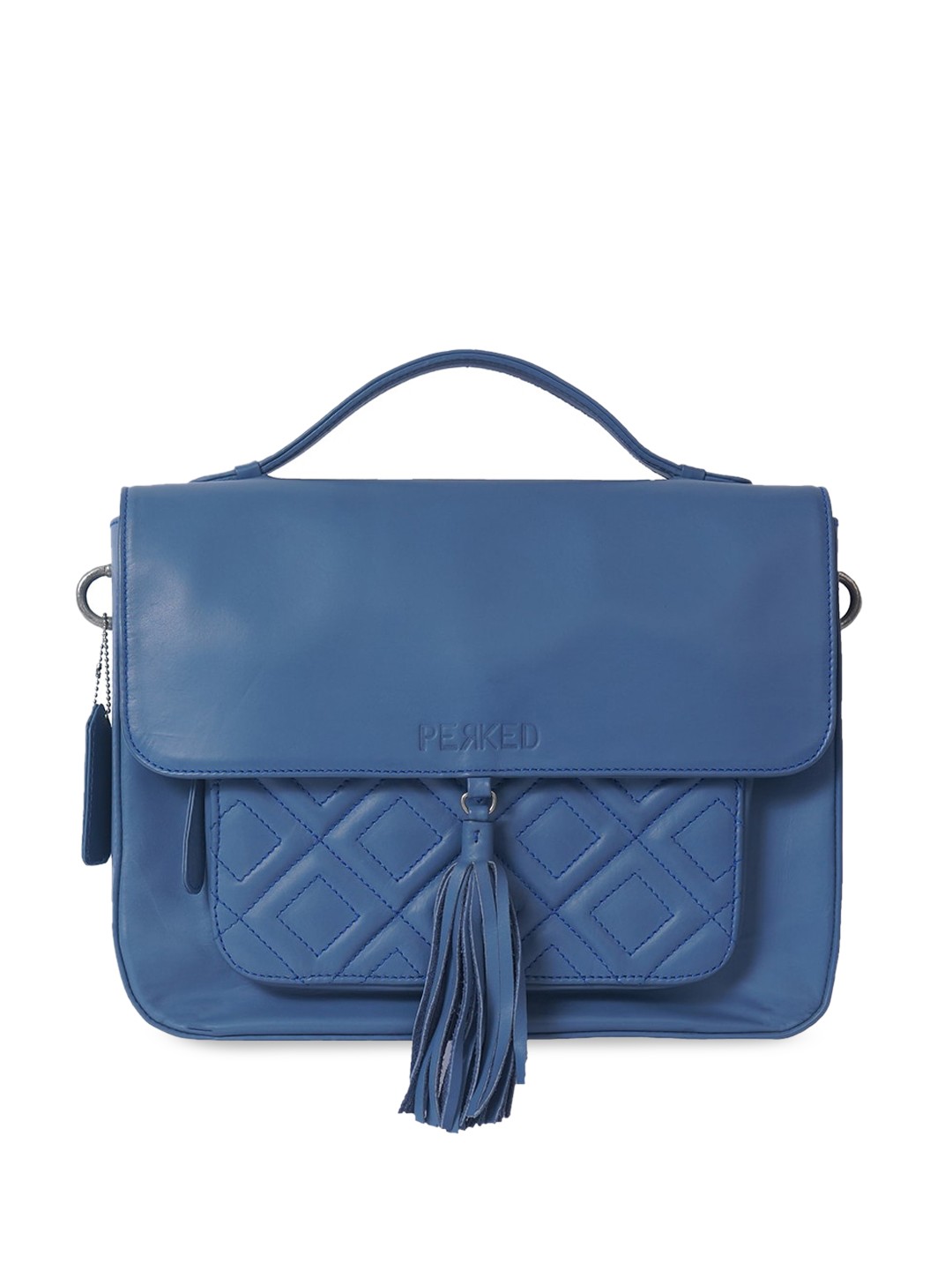 

PERKED Textured Leather Structured Satchel with Tasselled, Blue