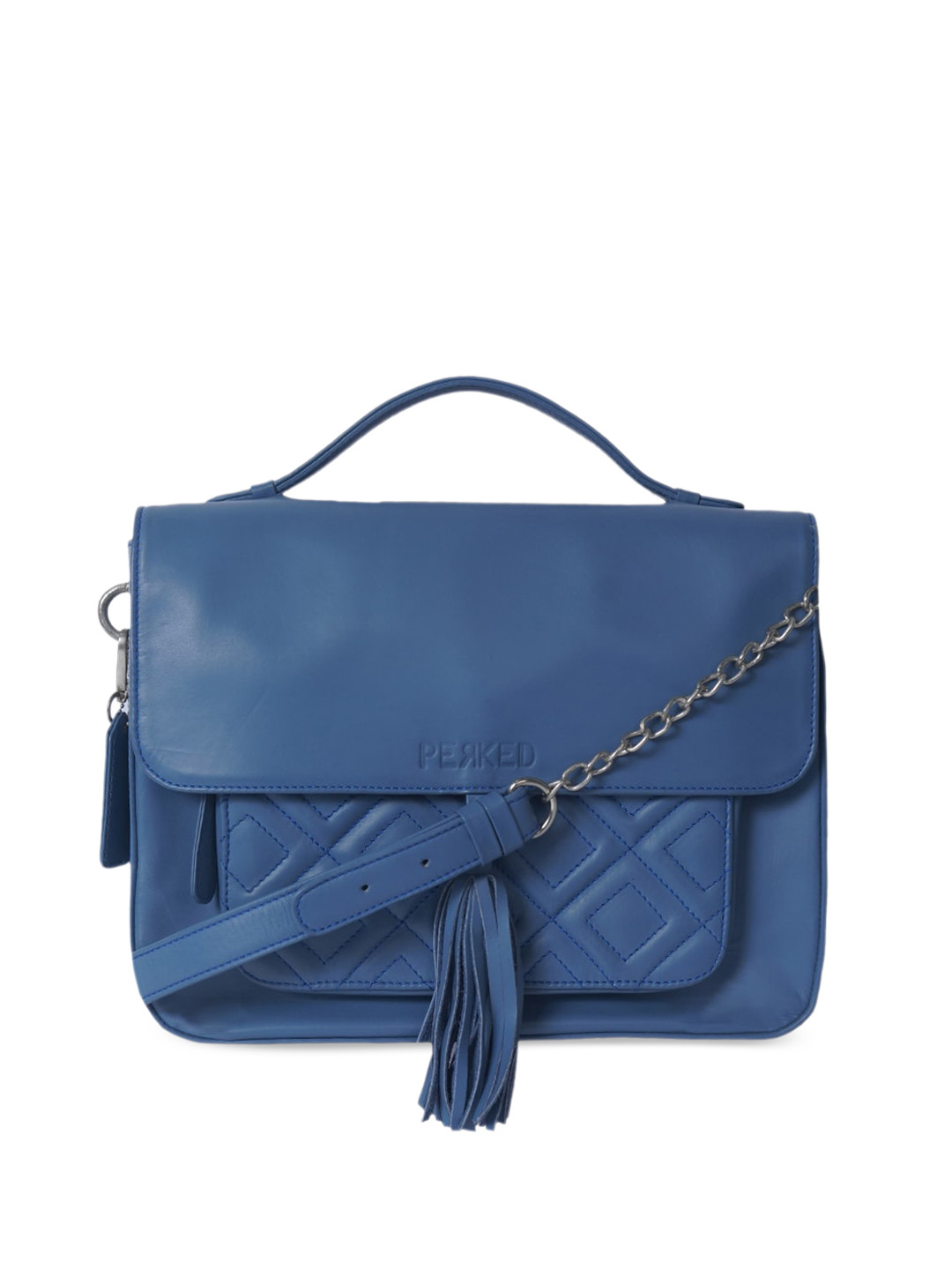 

PERKED Textured Leather Structured Satchel with Tasselled, Blue