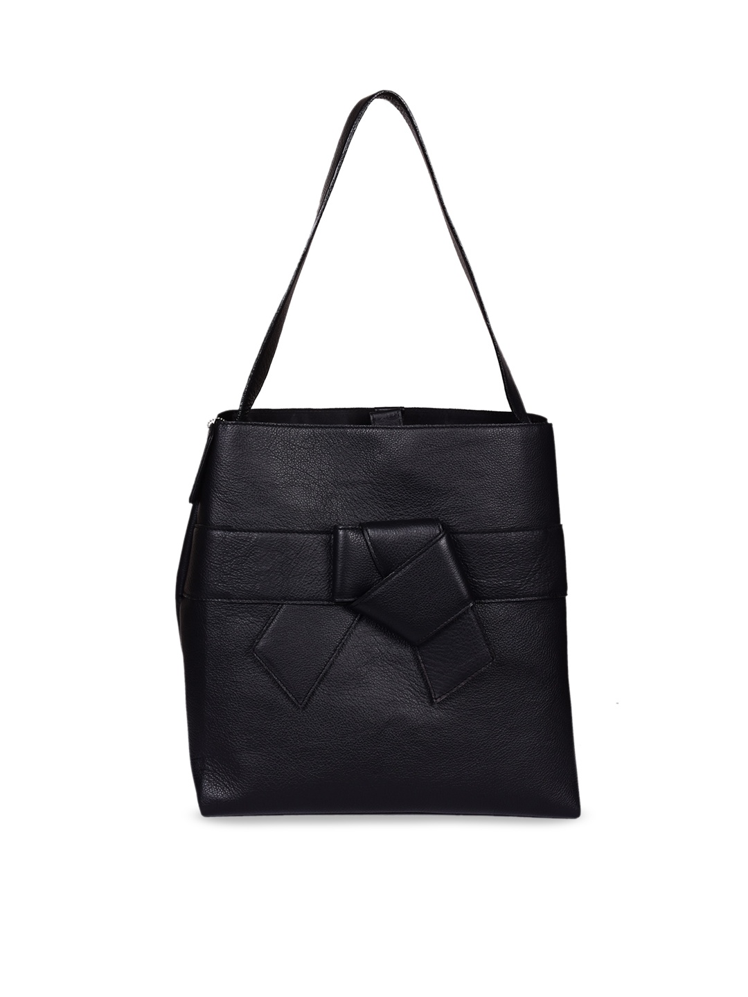 

PERKED Leather Structured Tote Bag with Bow Detail, Black