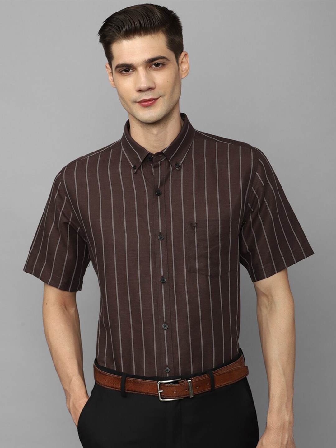 

Allen Solly Slim Fit Opaque Striped Linen Shirt, Brown