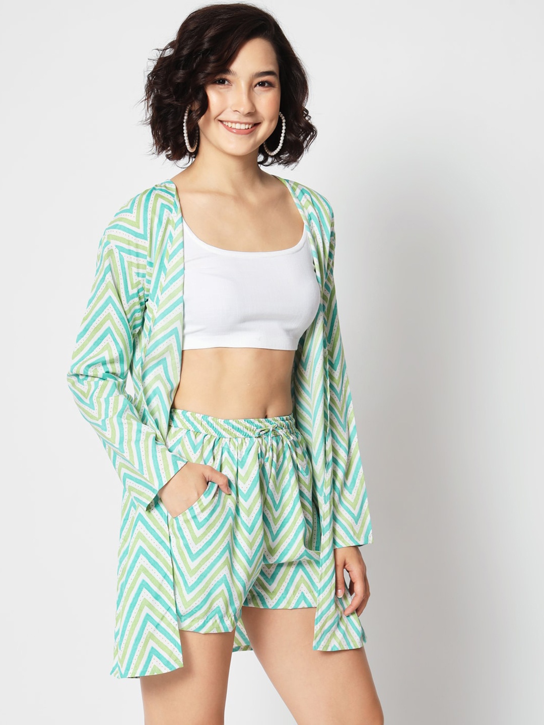 

Mitera Blue Printed Shrug With Shorts Co-Ords