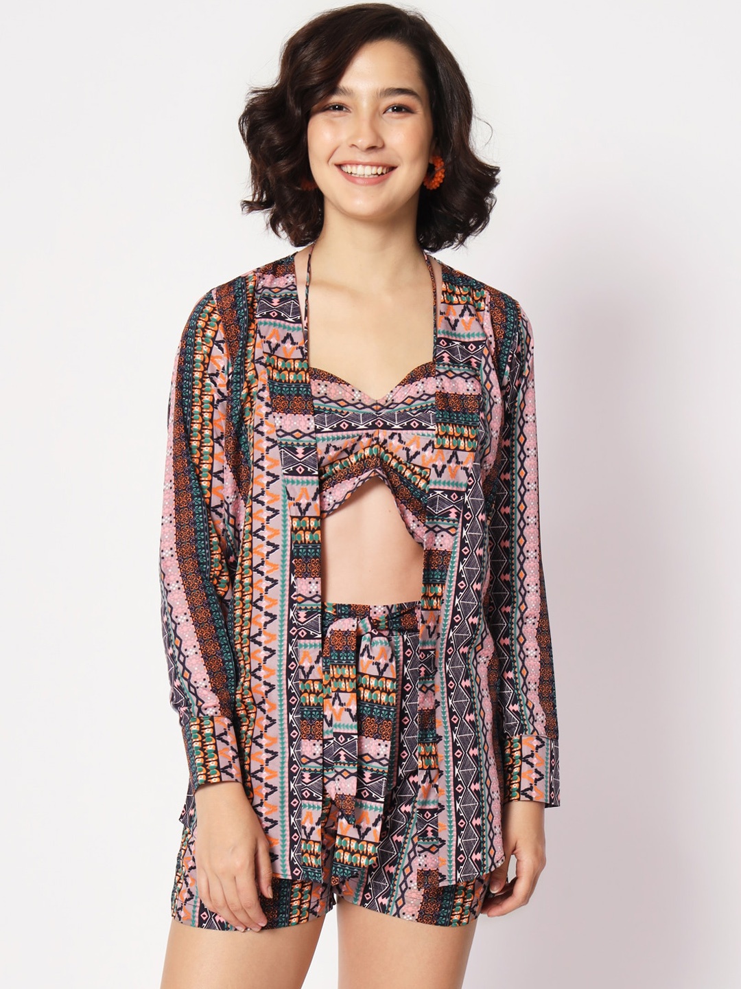 

Mitera Brown & Pink Ethnic Motifs Printed Crop Top with Shorts & Shrug