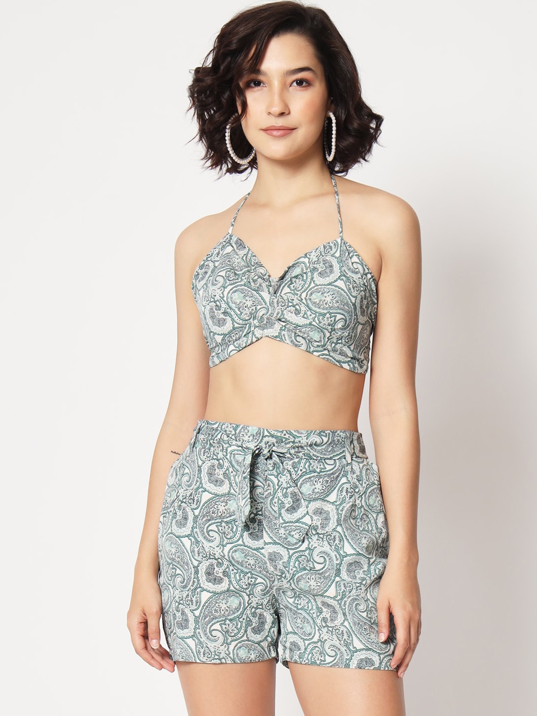 

Mitera Green Halter Neck Crop Top With Shorts & Shrug Co-Ords